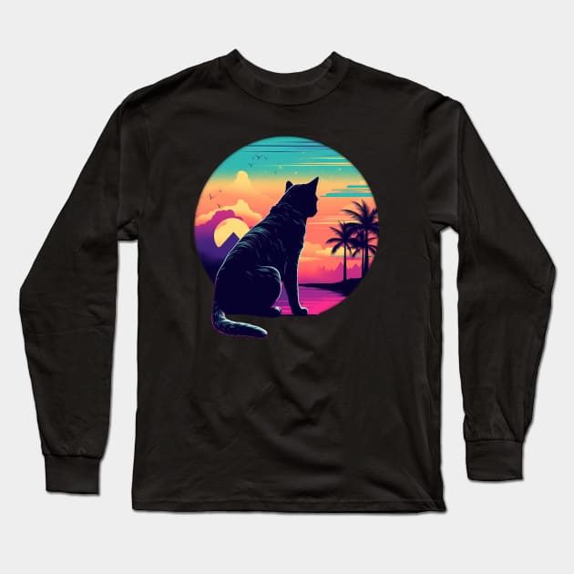 cat retro sunset retrowave Long Sleeve T-Shirt by EVCO Smo